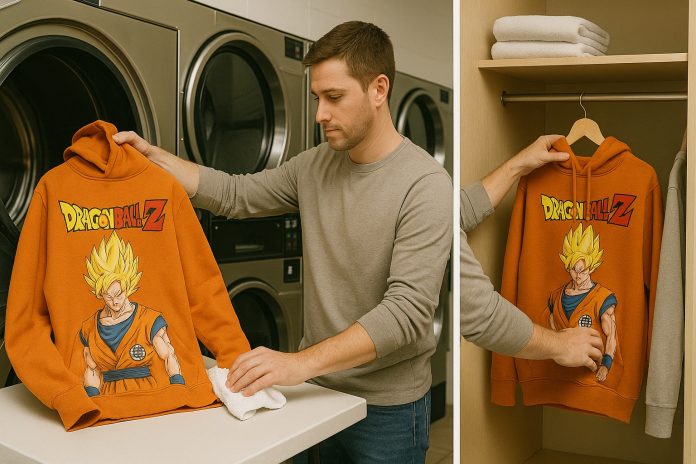 Man Washing, Drying & Storing a Dragon Ball Z Hoodie with care at a Laundary