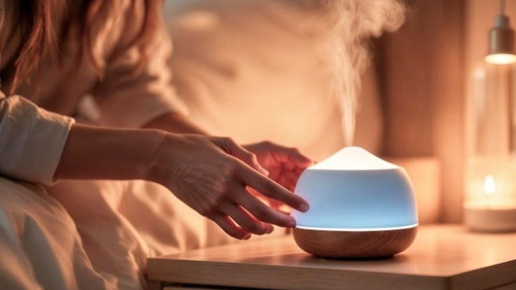 A woman adjusting the oil diffuser beside her bed
